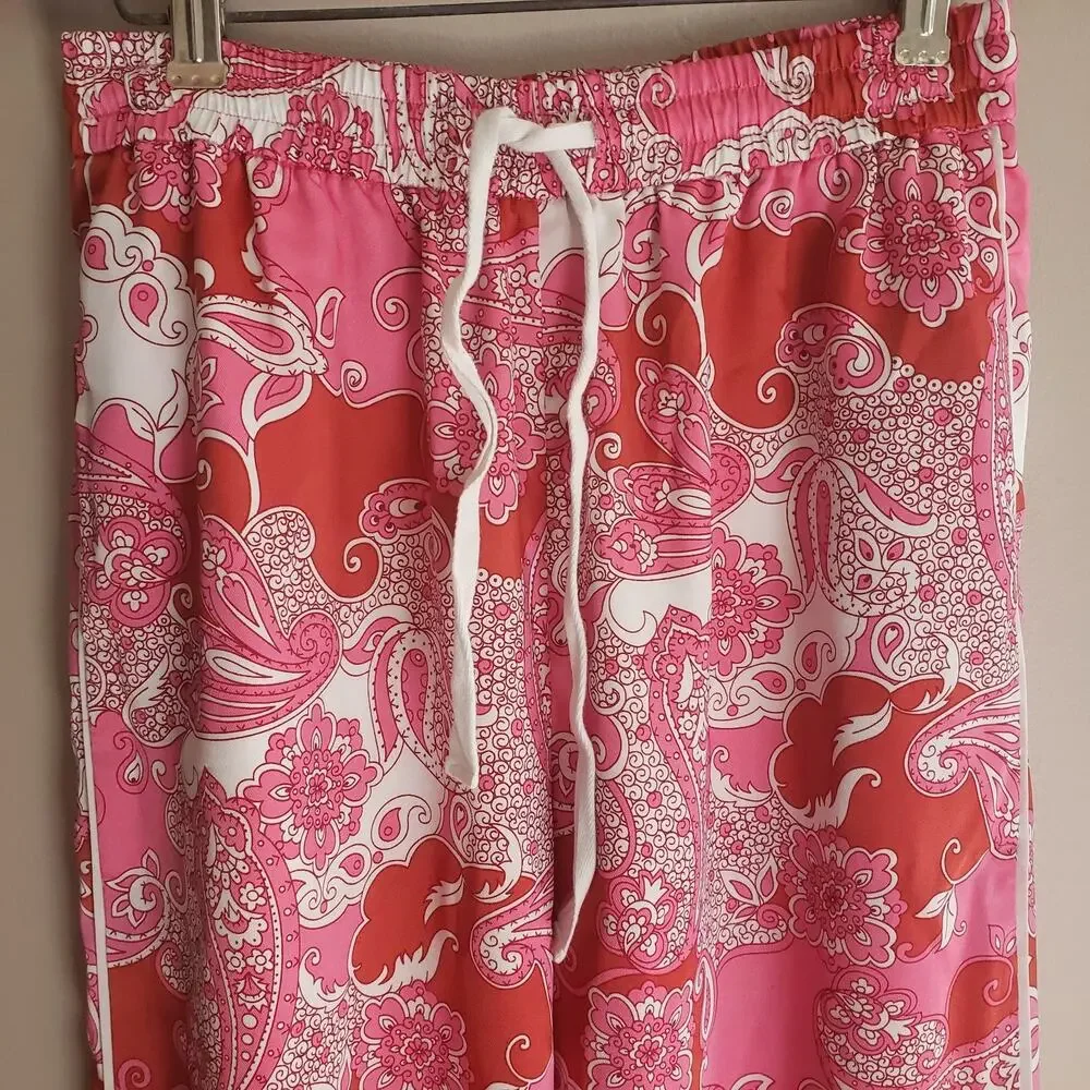 J Crew Lounge Pajama Pants Pink Silky Elastic Waist Drawstring Sz 2